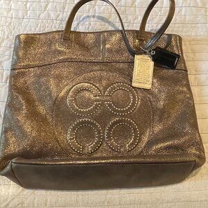 Coach Julia gold metallic logo leather tote